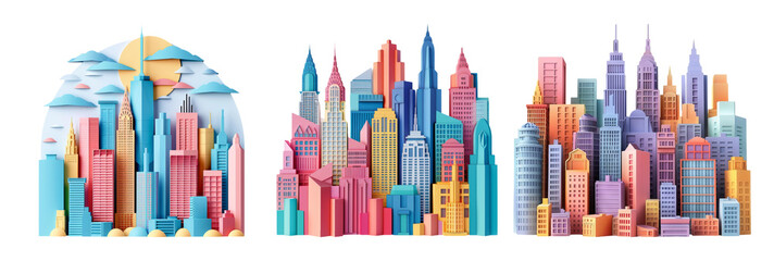 Colorful Paper Cityscape Models Isolated on Transparent Background