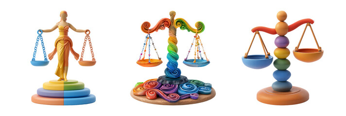 Decorative Scales of Justice in Various Colors Isolated on Transparent Background