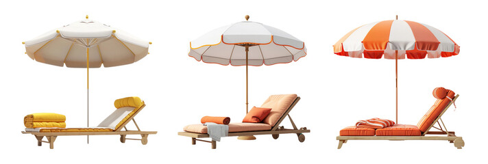 Beach Loungers with Umbrellas Isolated on Transparent Background