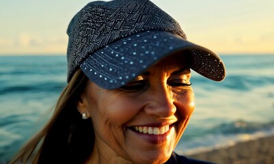 Wall Mural - Close-up portrait video of a pleased woman in her 40s that is wearing a cool cap or hat against a water or ocean background