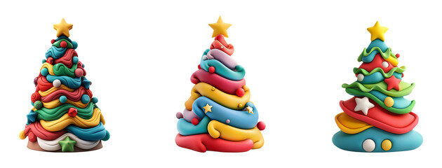 Stylized Colorful Christmas Trees Set Isolated on Transparent Background