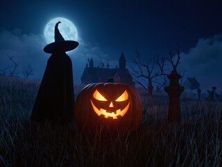 Spooky halloween night with jack-o-lanterns and a witch hat under a full moon