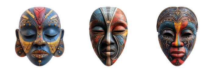 African Tribal Masks Set Isolated on Transparent Background