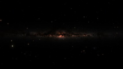 Wall Mural - Golden science fiction starfield simulation fly-through and Milky Way Galaxy Loop Background. Interstellar space backplate. Glowing stardust and nebulae 3D animation of astronomy wide shot backdrop.
