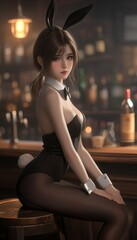 Anime girl bunny in sexy bodysuit in night bar. Portrait of beautiful woman in lingerie.