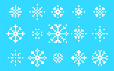 Poster - Pixel snowflake set. Winter decorative elements in pixel art. Mood of 90's aesthetics. 8-bit retro style pixelated vector illustration. Simple geometric form. Icon collection