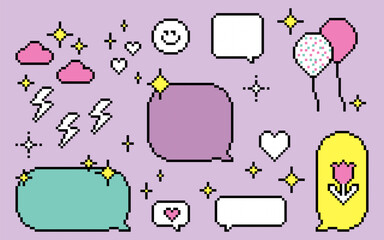 Poster - Shining dialogue box in pixel art. Speech bubbles with sparkles. Y2k trendy playful pixels stickers. Mood of 90's aesthetics. 8-bit retro style vector illustration. Simple geometric form. Icon pack