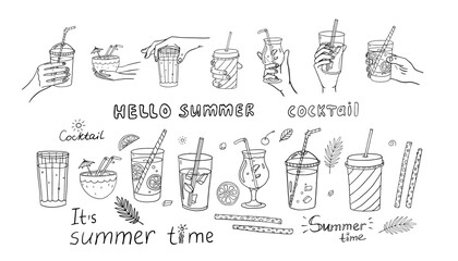 Wall Mural - Cute set of cocktails in hand , alcoholic and non-alcoholic summer drinks with ice cubes, fruits, drinking straws and text. Great for bar menu design, packaging, banners or advertising.