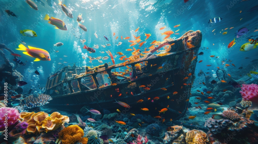 Underwater scene with a sunken shipwreck and fish Stock Illustration ...