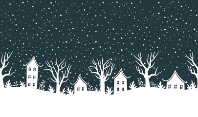 Wall Mural - Winter Seamless Border. Christmas Village. White House Silhouettes, Trees, Winter Plants, Berries. Snowfall. Vector Illustration on Dark Blue Background