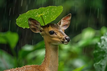 Wall Mural - a young deer stands in the rain, holding a green leaf on its antler's head