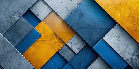 Wall Mural - Geometric abstract background pattern. Blue, gray and yellow colors. Abstract horizontal banner. Volumetric graphic design style. Digital illustration. AI artwork.	