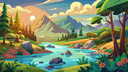 Wall Mural - Hand drawn landscape with mountains and nature vector illustration