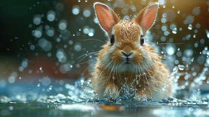 Sticker -   A rabbit in water with droplets on its face and a blurred backdrop