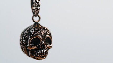 Bronze skull pendant hangs on a chain, showcasing intricate floral patterns etched into its surface. The pendant's detailed design and metallic sheen create a captivating visual