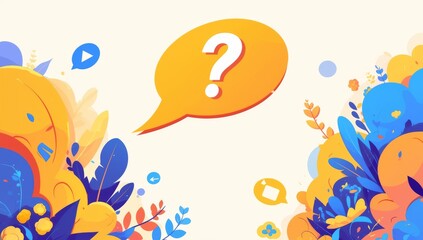 Minimalistic Illustration of Orange Chat Bubble with Question Mark on Light Blue Background, Emphasizing Inquiry and Communication