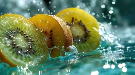 Poster -  A group of kiwis float atop a blue body of water surrounded by droplets