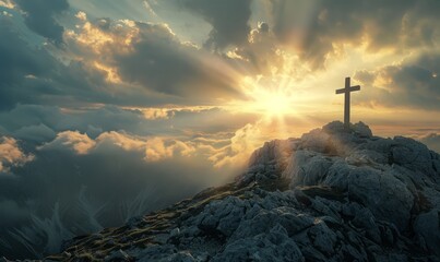 Wall Mural - Crucifix at the top of a Mountain with Sunlight Breaking through the Clouds. Inspirational Christian Image.