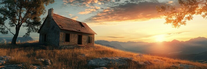 Sticker - Abandoned Stone House at Sunset with Mountain Views - A solitary, weathered stone house stands on a hilltop overlooking a valley, bathed in the warm glow of a setting sun. The scene evokes a sense of 