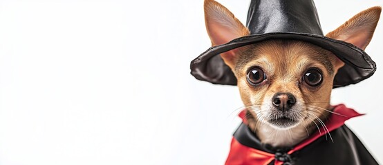 Close-up portrait of a charming chihuahua dog wearing a witch's hat and cape, showcasing a delightful halloween costume