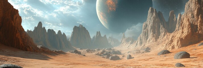 Sticker - Alien Planet Landscape with Majestic Mountains and a Glowing Moon - An alien landscape with towering mountains, a glowing moon, and a desolate desert floor. The image evokes feelings of exploration, m