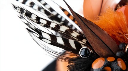 Poster - Beautiful macro photography showing a group of black and white feathers with a silver ring, creating a delicate and artistic composition