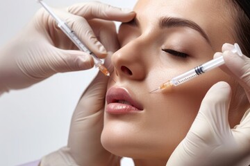 Wall Mural - Hands of a medical worker in gloves near a woman getting cosmetic injections on her face