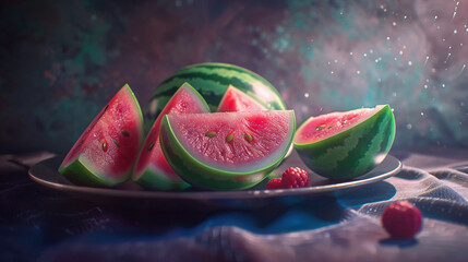 Poster -   A watermelon platter with raspberries and tablecloth, water droplets from background