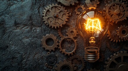 Sticker - Bright Idea: Glowing Lightbulb Amidst Cogwheels - A glowing light bulb, symbolizing innovation and ingenuity, is surrounded by cogwheels, representing  the  complex  processes of  creativity and  achi