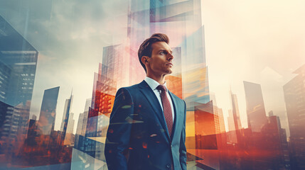 Wall Mural - Portrait of a young businessman with an abstract background in the form of a large metropolis.	
