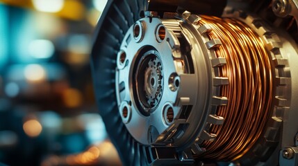 Poster - Close-up of Electric Motor Winding and Gear System - A detailed image showcasing the intricate workings of an electric motor, highlighting the winding, gears, and precision engineering.