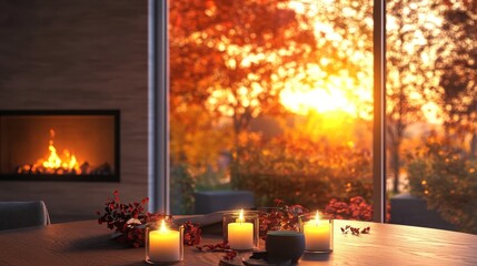 Canvas Print - Cozy Autumn Evening with Candles and Fireplace - A warm and inviting scene of a cozy living room with a fireplace, candles, and an autumnal view. The warm glow of the fireplace and candles creates a s