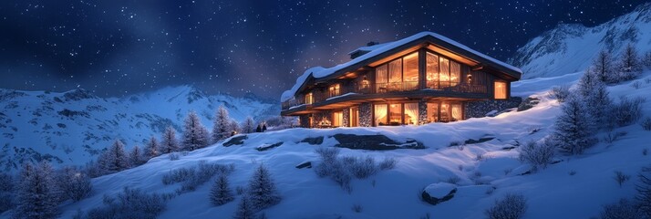 Poster - Cozy Mountain Chalet Under a Starry Sky - A stunning chalet nestled in a snowy mountain landscape under a starry night sky, embodying peace, tranquility, luxury, and the beauty of nature.