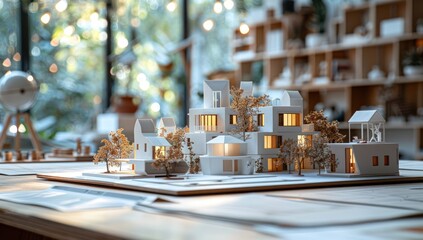 A white model of small houses on a table, next to some building plans and other construction tools.