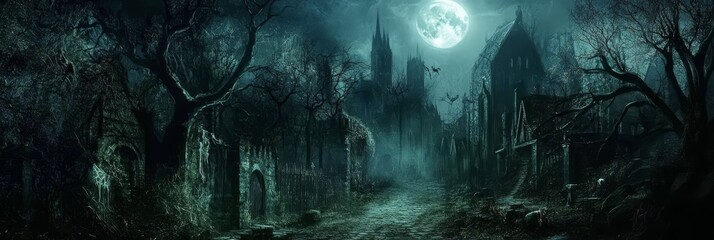 Wall Mural - Eerie Gothic Village Under a Full Moon - A haunting depiction of a gothic village bathed in the eerie glow of a full moon, suggesting mystery, darkness, and a sense of otherworldly presence.