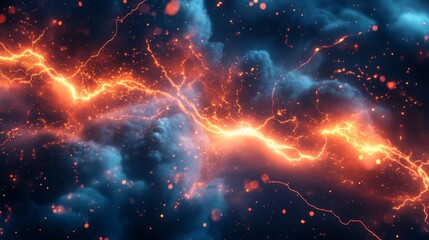 Canvas Print - Electric Storm in the Cosmos: Abstract Energy Background - A mesmerizing abstract background featuring fiery lightning bolts amidst swirling clouds of blue and orange. It represents power, energy, cha