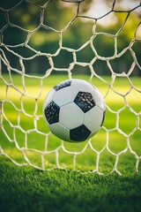 Wall Mural - soccer ball in goal with green background