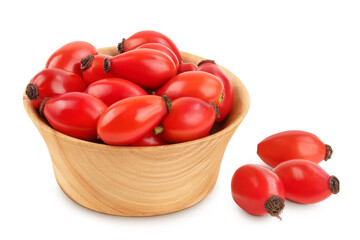 Wall Mural - Rose hip in wooden bowl isolated on a white background with full depth of field. Top view. Flat lay.