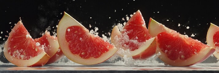 Canvas Print - Fresh Grapefruit Slices Splashing in Water - Closeup of fresh grapefruit slices splashing in water, symbolizing vitality, refreshment, citrus, healthy eating, and summer.