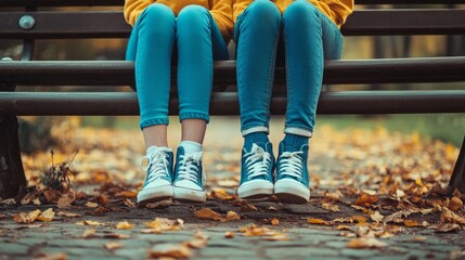 Sticker - Friends Sitting on a Bench in Autumn - Two friends are sitting on a bench in the park, enjoying the autumn weather and colorful leaves. They are wearing casual clothing and sneakers, symbolizing youth