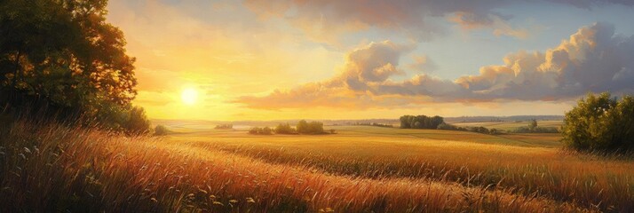 Sticker - Golden Sunset Over Rolling Fields - A scenic landscape showcasing a breathtaking sunset casting warm hues over a field of golden wheat, symbolizing tranquility, serenity, harvest, and the beauty of na