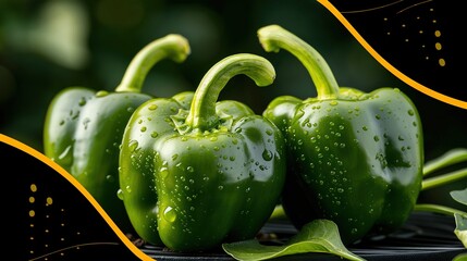 Wall Mural -   A pair of green peppers resting on a black countertop beside a verdant, leafy plant with droplets of water