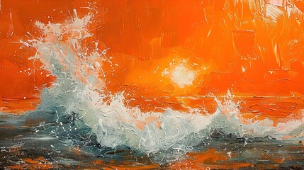 Wall Mural -   Orange sky painting with a huge wave rising from water and distant sun