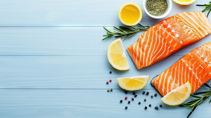   A close-up image of two salmon fillets displayed on a table, accompanied by sliced lemons and seasonings