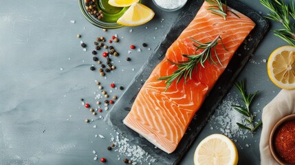 Wall Mural -   A salmon fillet resting on a cutting board with a seasoning bowl and lemon nearby