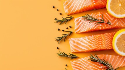 Wall Mural -   A group of salmons with lemon slices and rosemary garnish on a yellow background provides an ideal canvas for text