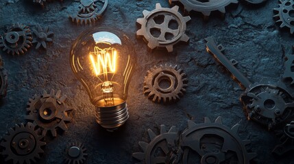 Poster - Illuminating Ideas: Lightbulb and Gears - A glowing lightbulb illuminates a dark background, surrounded by gears, symbolizing creativity, innovation, and the power of ideas.