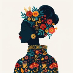 Cultural woman in silhouette floral art, intricate decorative folk design, flat design illustration