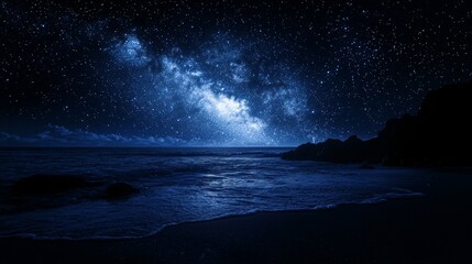 Sticker - Milky Way Over Tranquil Ocean at Night - A serene nighttime scene featuring the Milky Way galaxy illuminating the tranquil ocean, symbolizing peace, wonder, cosmic beauty, the vastness of space, and t