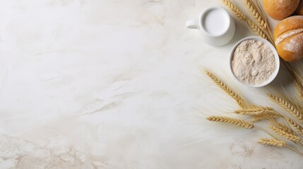 Canvas Print - Wheat ears and flour on white marble background. Top view with copy space